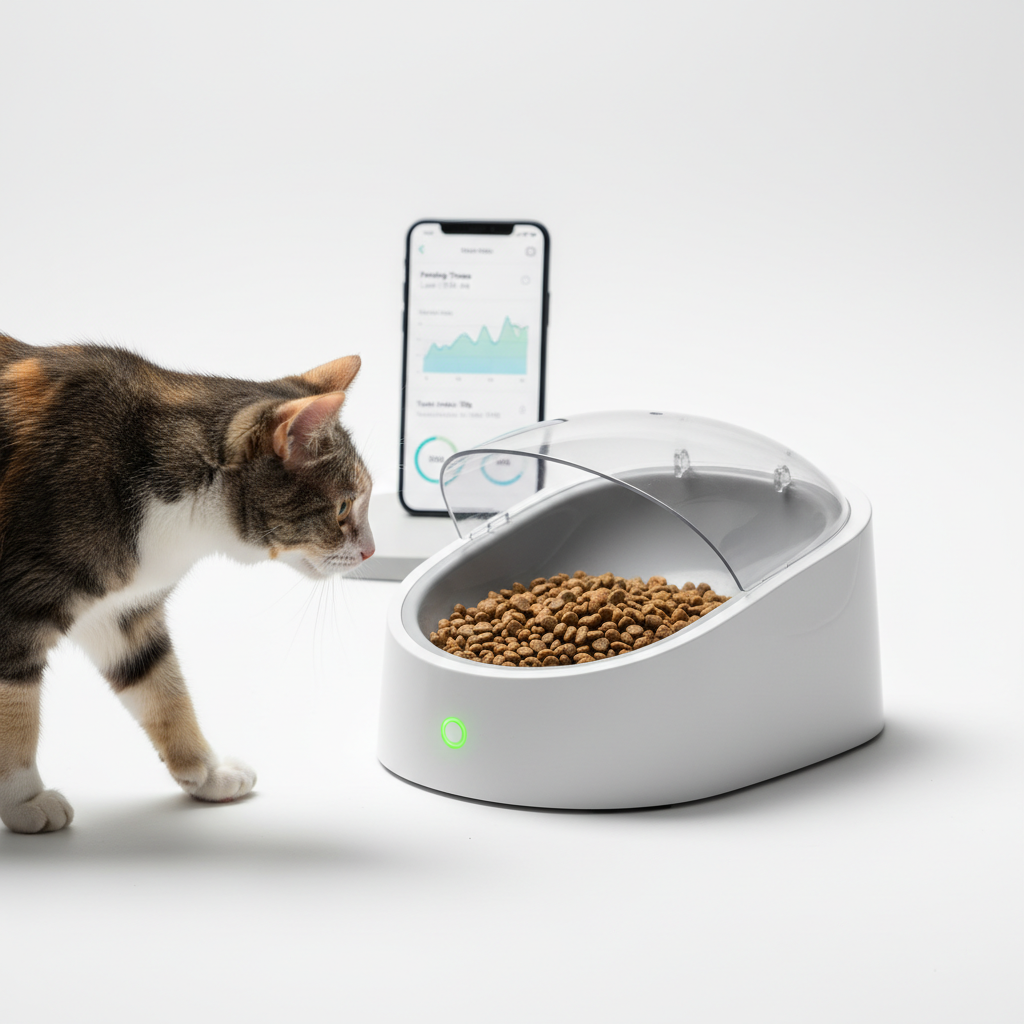 a cat approaching a microchip feeder, with a phone showing feeding data in the background