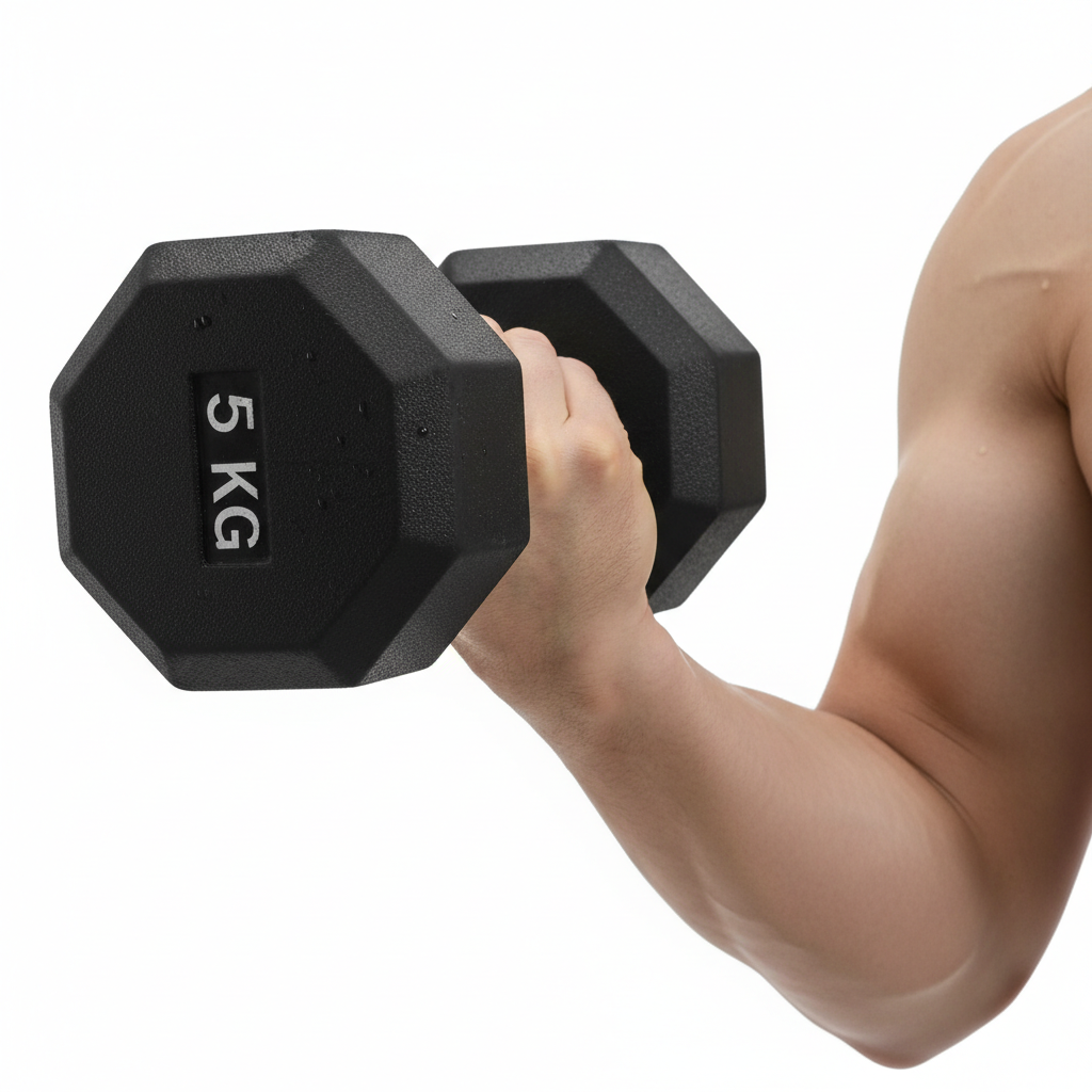 a close-up of a hand gripping a neoprene dumbbell during an exercise