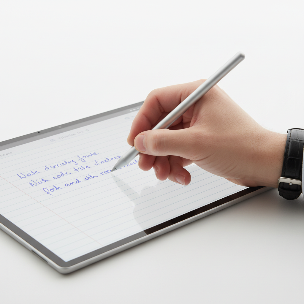 A close-up of a hand using a stylus on a Microsoft Surface Pro 11, displaying a digital notebook app