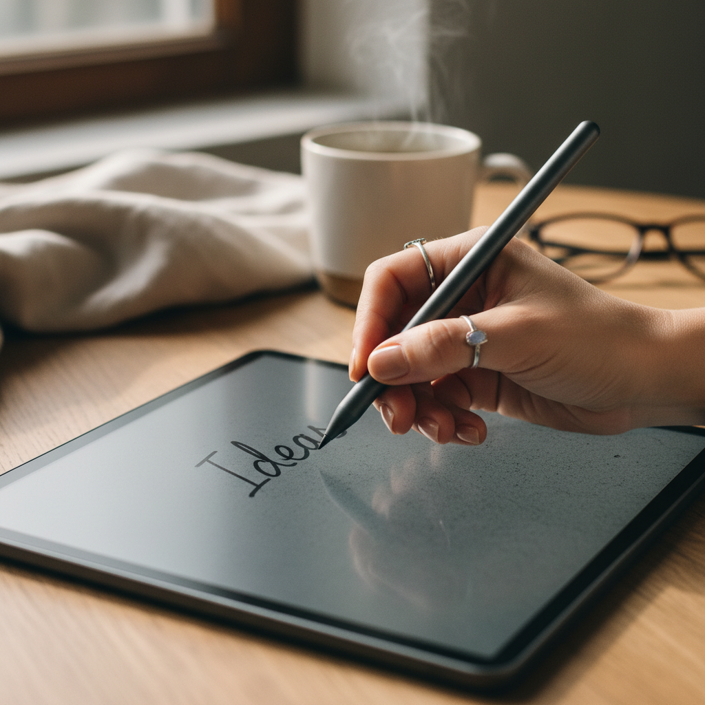A close-up of a hand writing on an e ink tablet with a stylus, showing the texture of the screen