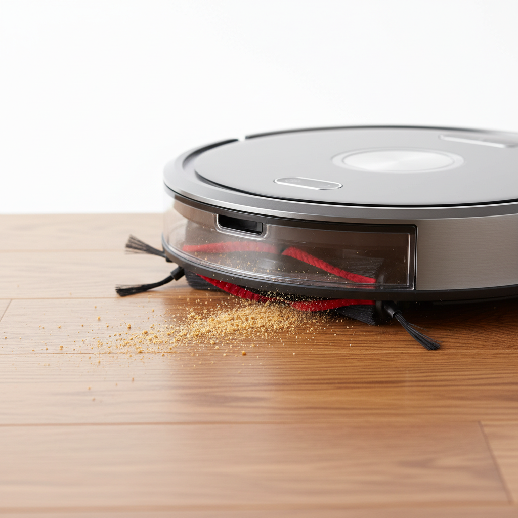 A close-up of a robot vacuum's brush rolling across a hardwood floor, picking up crumbs.