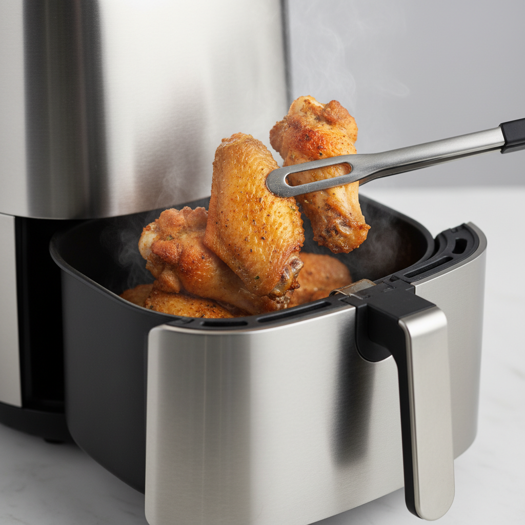 A close-up of crispy air-fried chicken wings being removed from an air fryer basket