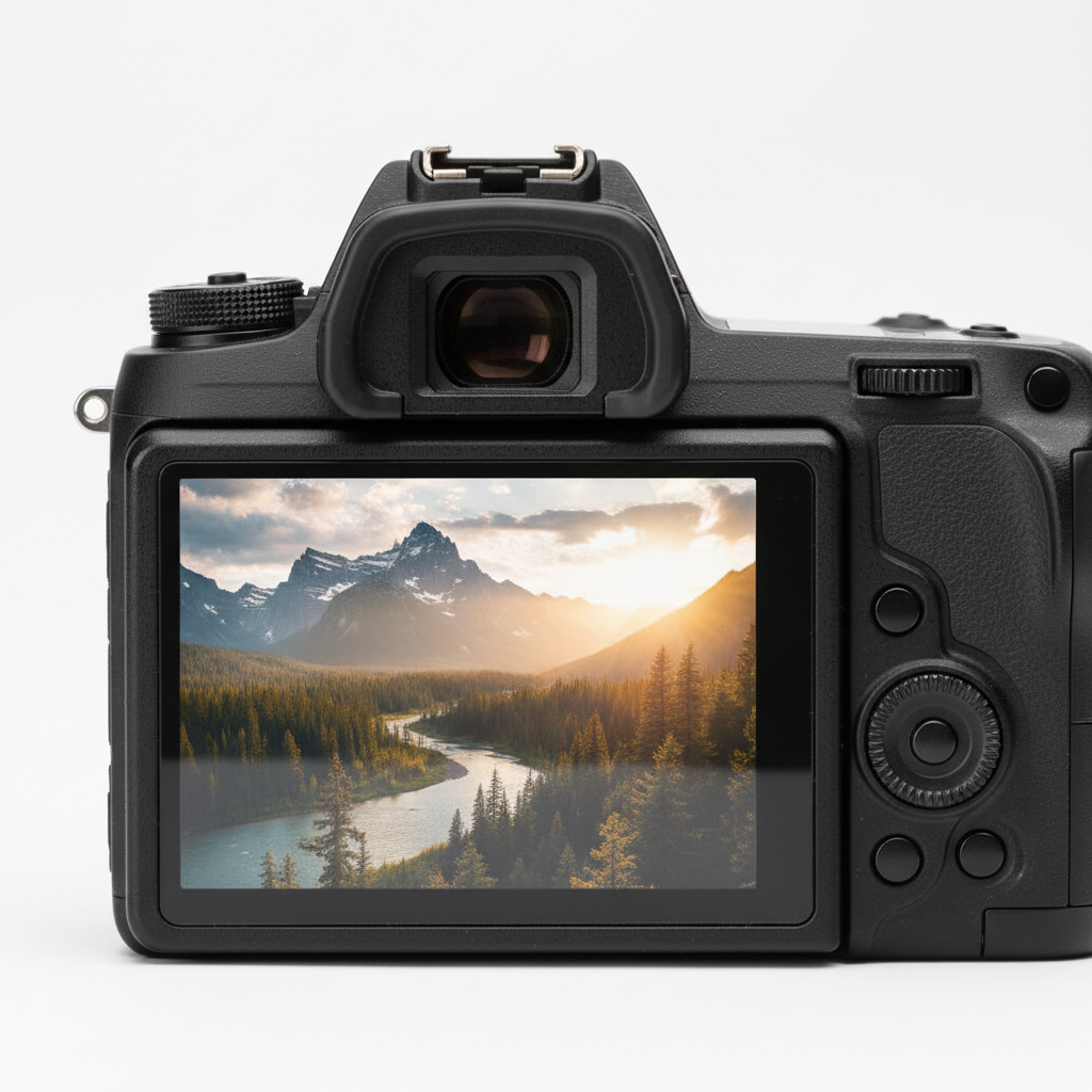 A close-up shot of a camera's LCD screen displaying a clear, well-composed photograph of a landscape