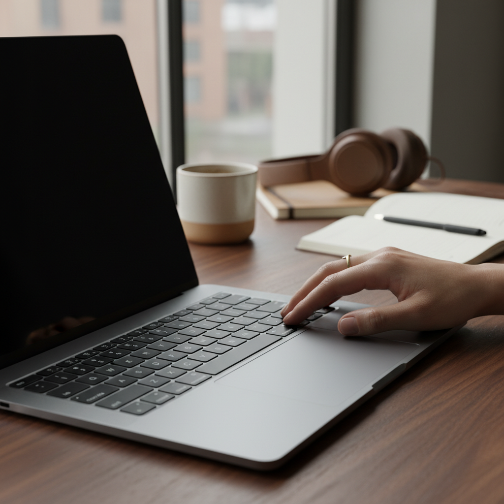 A close-up shot of the MacBook Pro M4's keyboard and trackpad, highlighting its premium build qualit