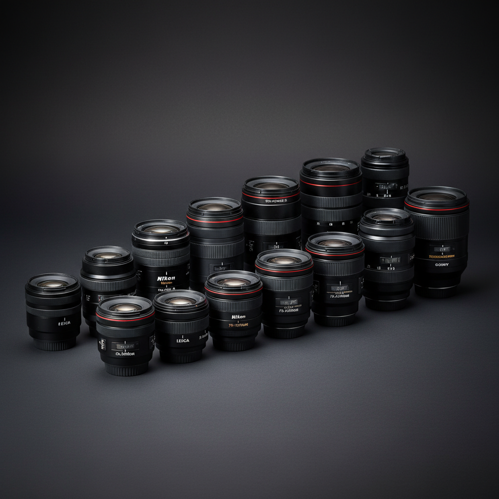 A collection of camera lenses of various sizes, neatly arranged on a dark background.