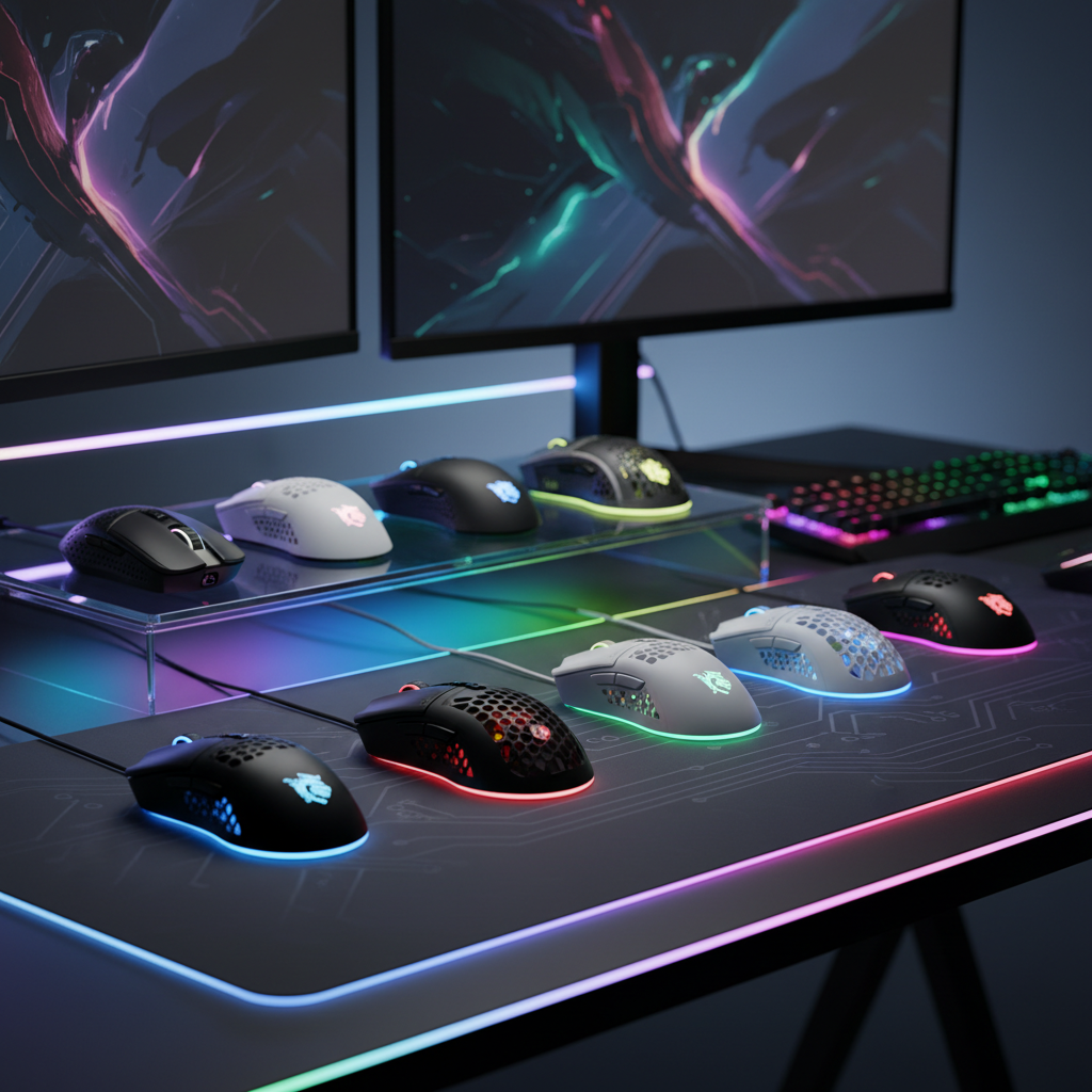 a collection of gaming mice arranged on a modern gaming desk with RGB lighting
