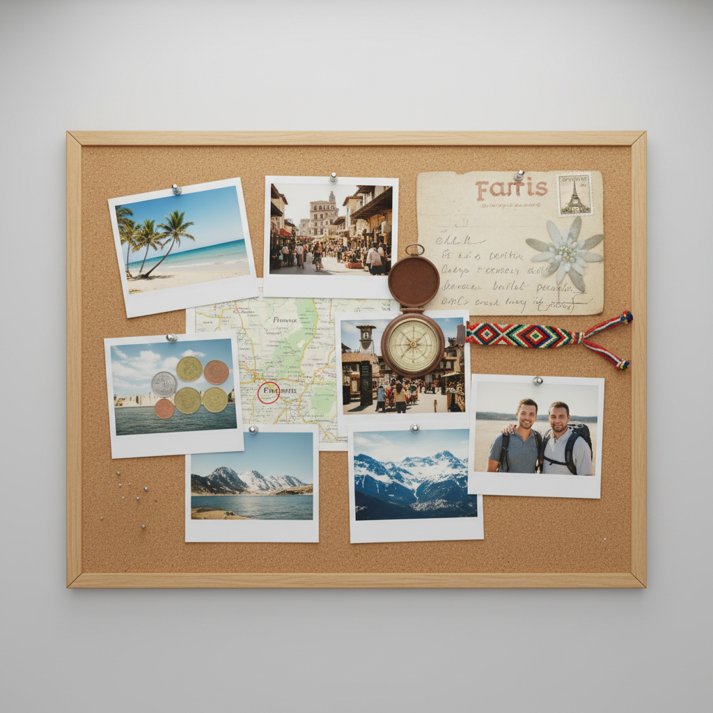 A collection of instant camera prints pinned to a cork board with travel mementos