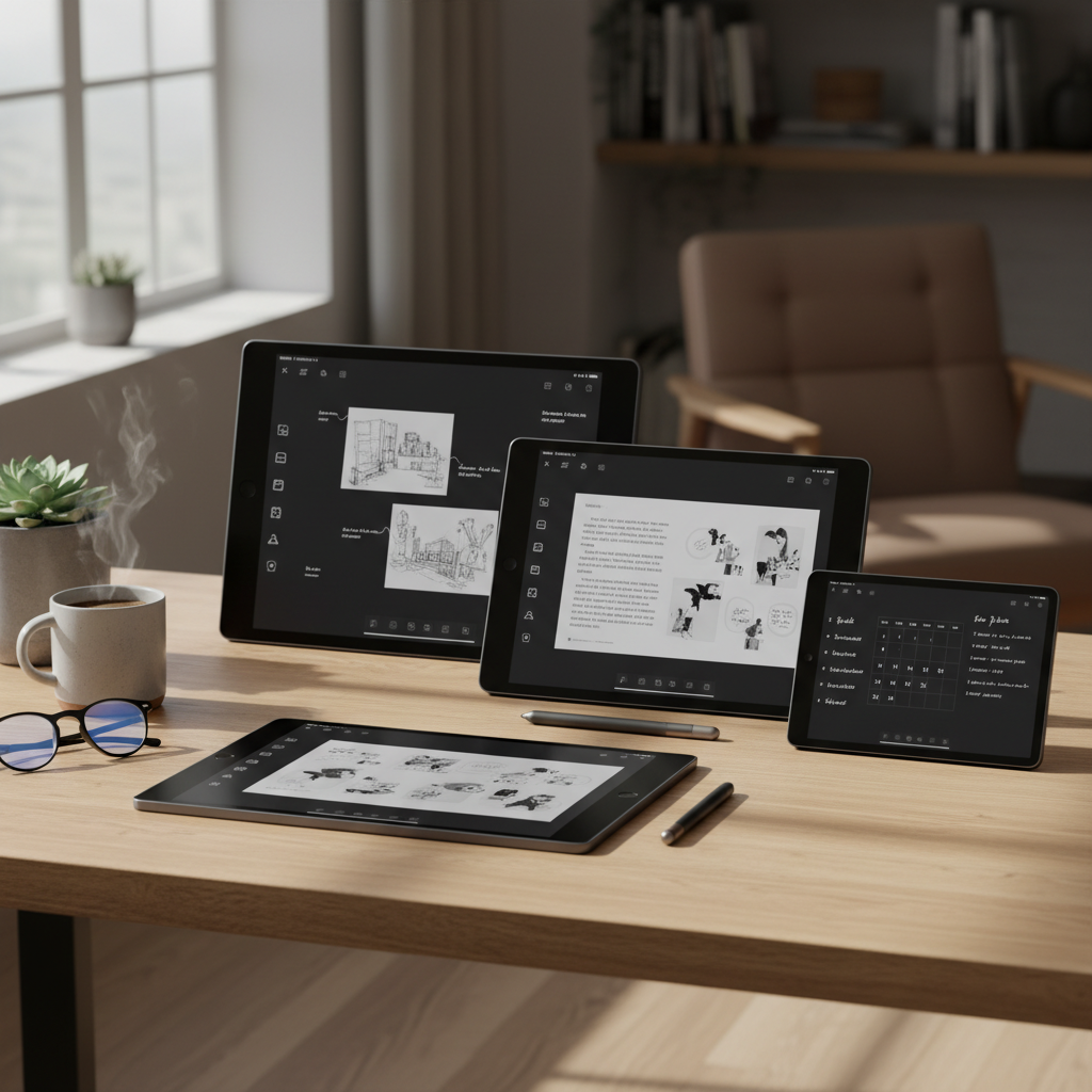 A collection of modern e ink tablets laid out on a clean desk with a stylus for each