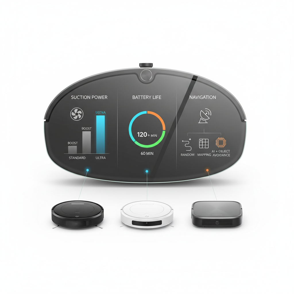 A comparative graphic showing different robot vacuum features like suction, battery, and navigation.