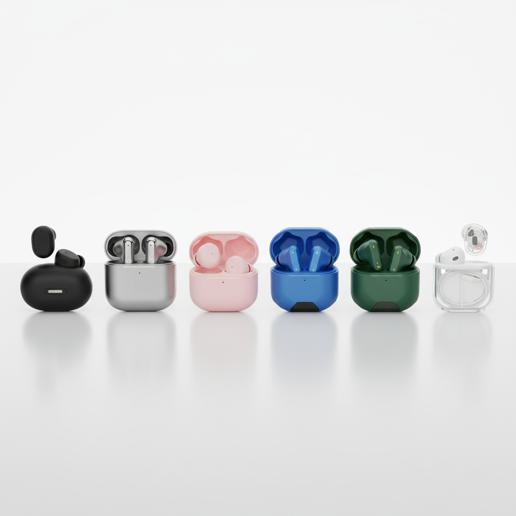 A comparative lineup of different wireless earbud models and their charging cases
