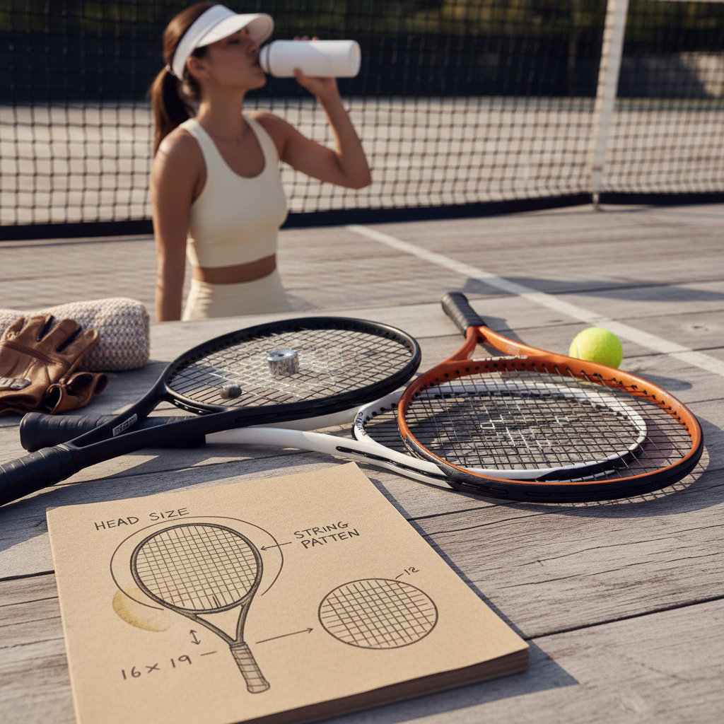 A diagram illustrating different tennis racket specifications like head size, balance point, and str