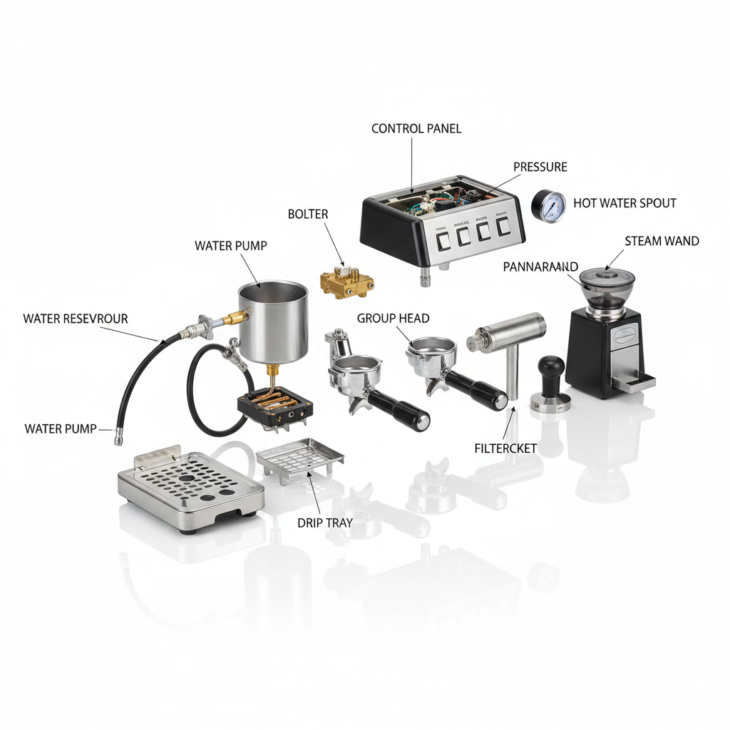 A diagram showing parts of an espresso machine with labels