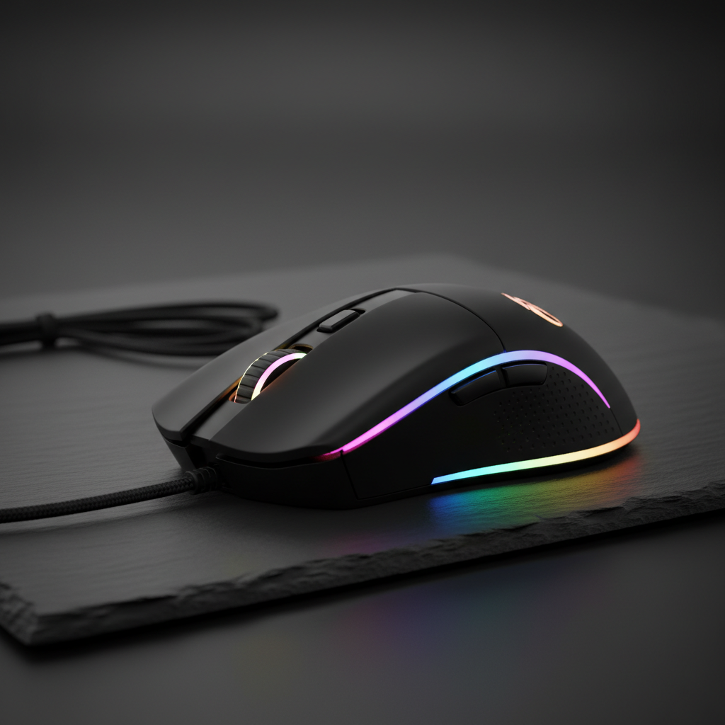 a gaming mouse with vibrant RGB lighting on a dark background
