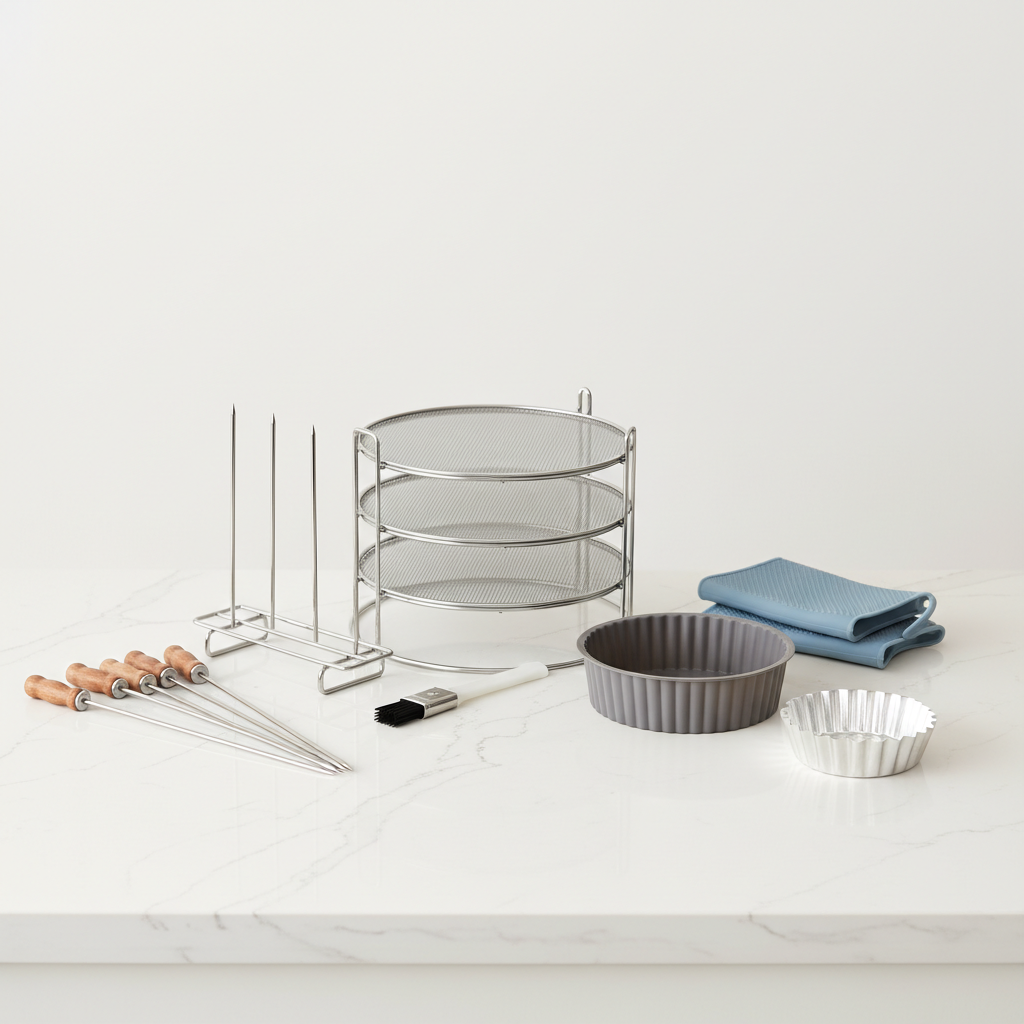 A kitchen counter with various air fryer accessories like racks, skewers, and baking pans