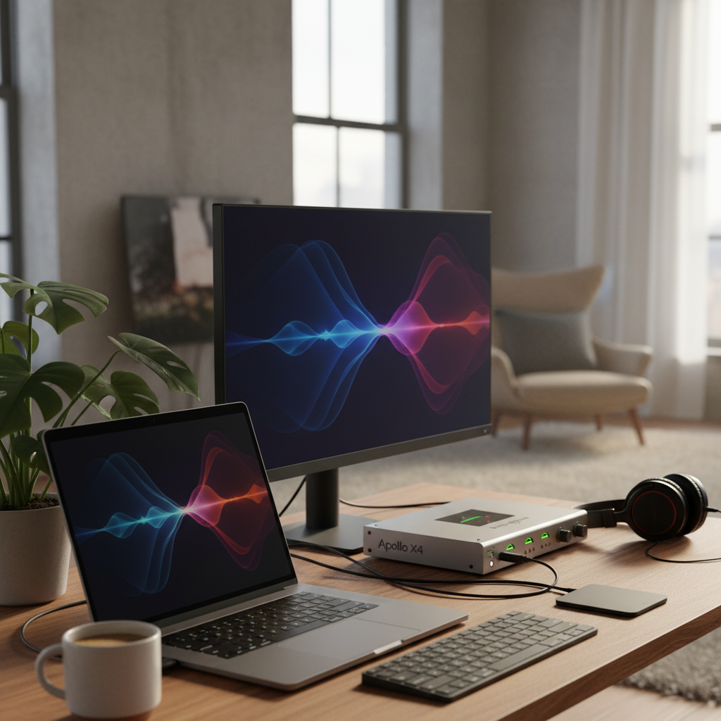 A MacBook Pro M4 connected to an external 5K display and a professional audio interface, illustratin