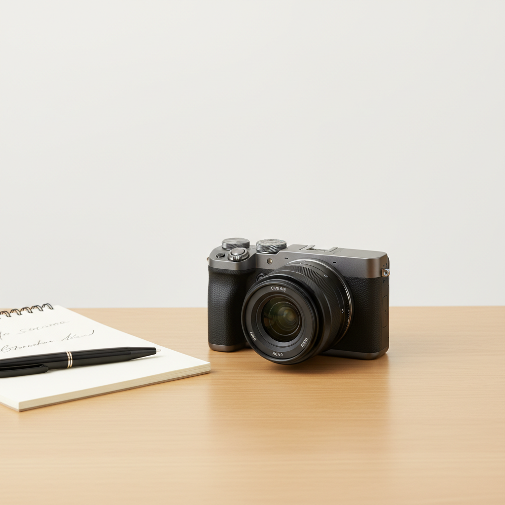 A modern mirrorless camera with a kit lens, resting on a clean wooden desk with a notebook and pen n