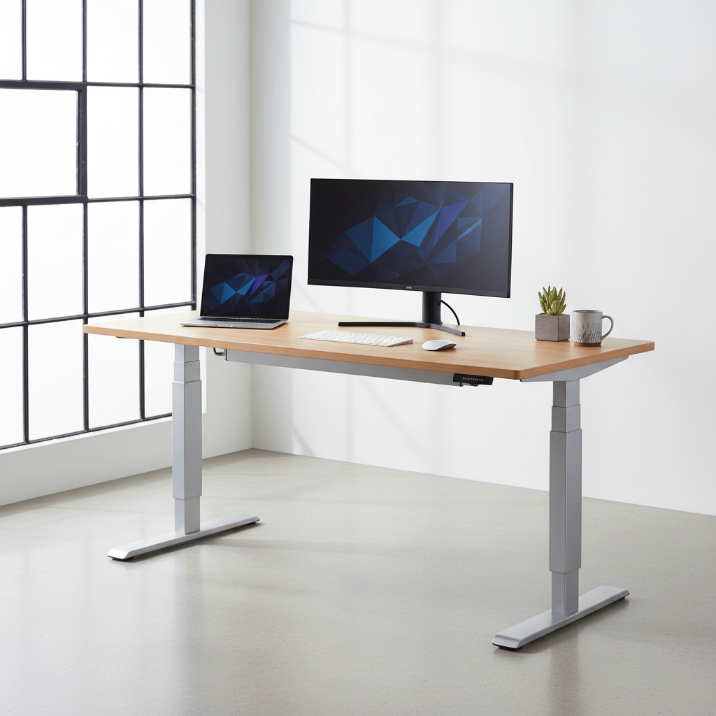 a modern, sleek standing desk in an office setting with a laptop and monitor