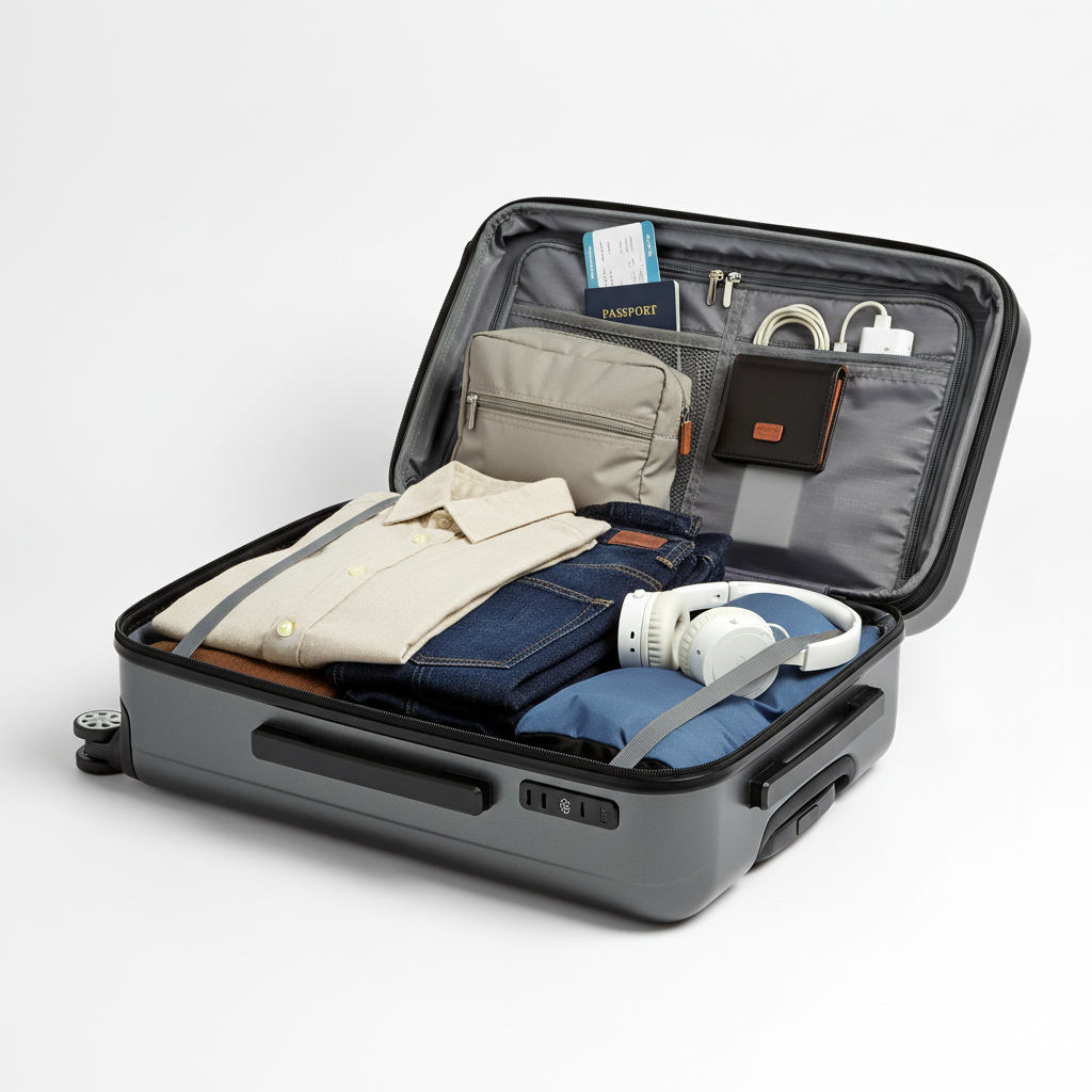 A neatly packed carry-on suitcase ready for travel, with travel accessories