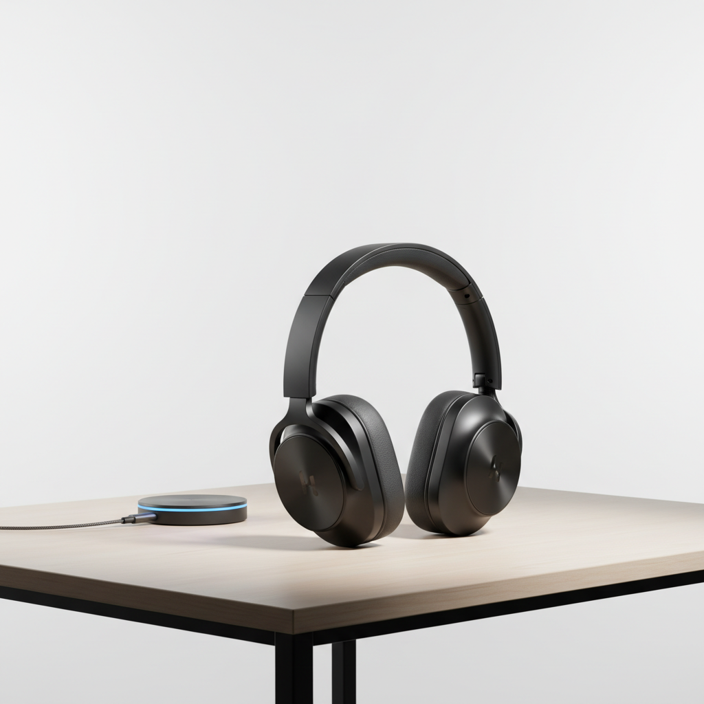a pair of sleek, modern noise cancelling headphones on a minimalist desk