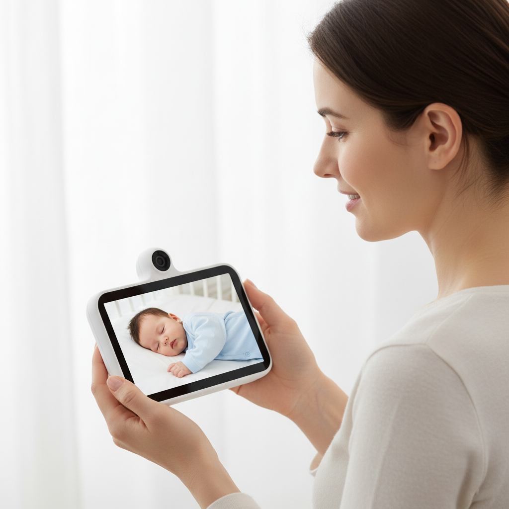 a parent looking at a modern baby monitor screen with a sleeping baby visible