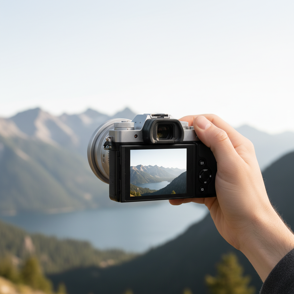 A person holding a compact mirrorless camera, pointing it towards a scenic landscape.