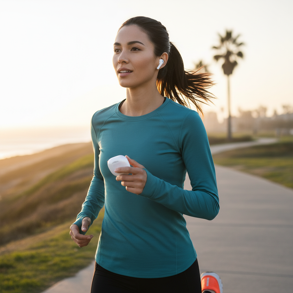 A person jogging outdoors, wearing Jabra Elite 12 earbuds
