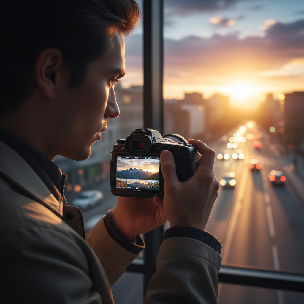 A person reviewing photos on a camera's screen, with a blurred background of a city street at sunset