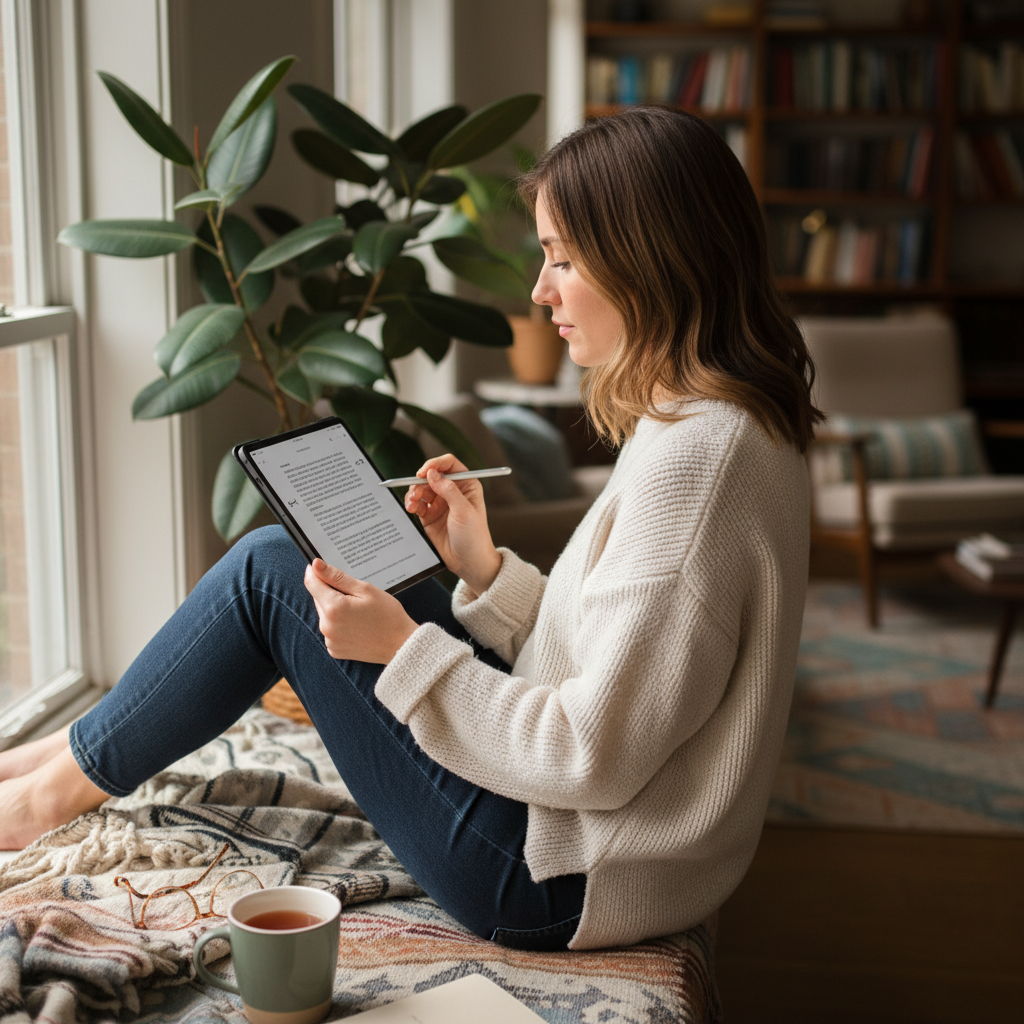 A person using an e ink tablet to read a book while making notes with a stylus