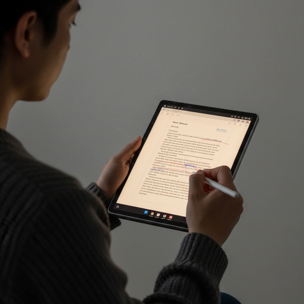A person using an Onyx Boox Note X E-Ink tablet to read and annotate a PDF document in a dimly lit r
