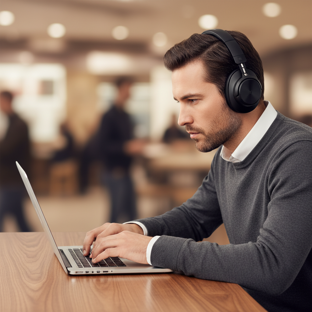 a person wearing noise cancelling headphones, looking focused while working at a laptop in a busy ca