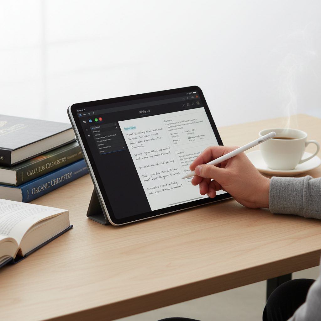 A person writing notes on an Apple iPad Air with an Apple Pencil Pro, surrounded by textbooks and a 