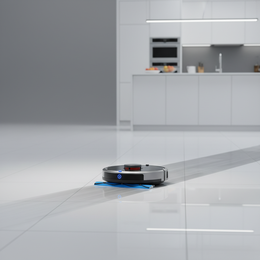 A robot vacuum with a mopping attachment cleaning a large, glossy tile floor in a kitchen.