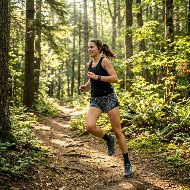 A runner wearing Jabra Elite Active 85t earbuds on a trail