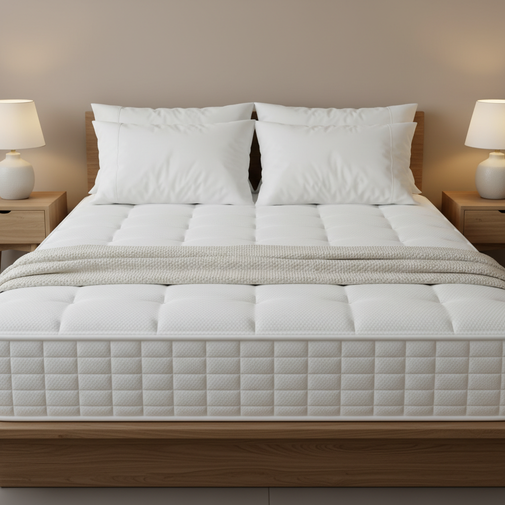 A serene bedroom scene with a modern, inviting mattress and soft lighting