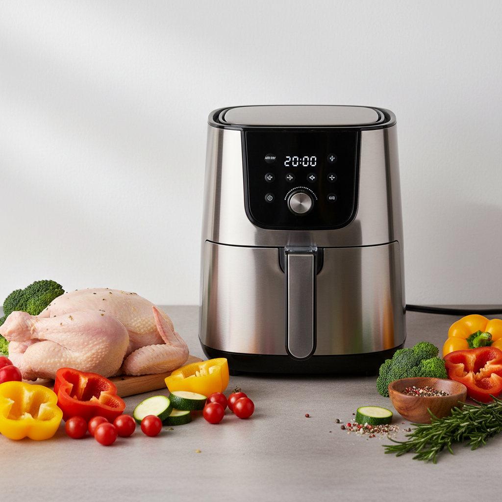 A sleek, modern air fryer on a kitchen counter, surrounded by fresh ingredients like vegetables and 