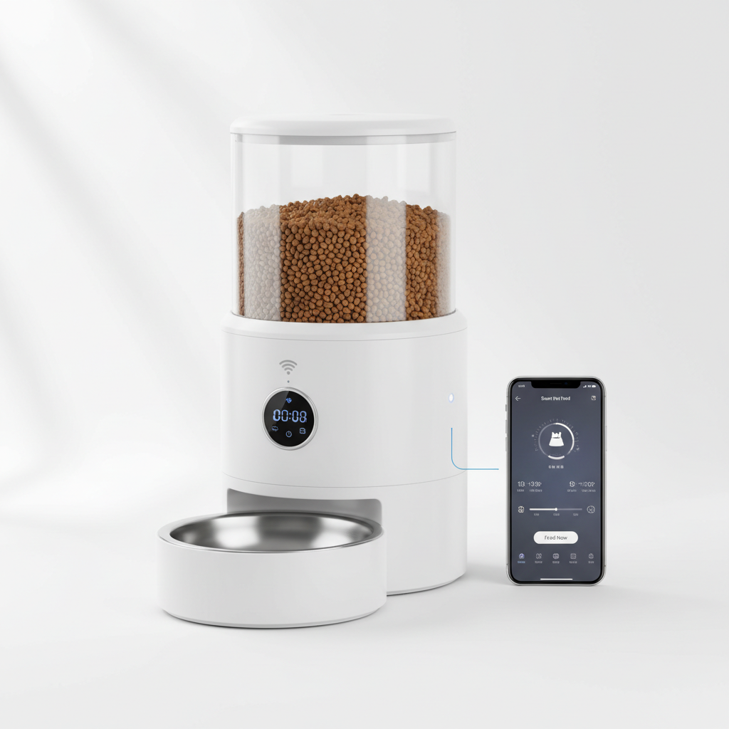 a sleek white automatic cat feeder connected to a smartphone app