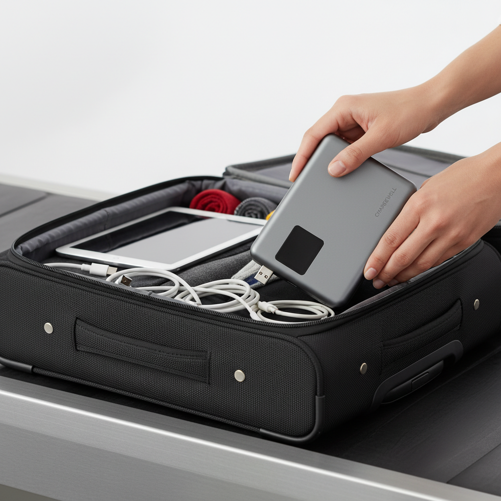 A traveler removing a power bank from their carry-on at airport security