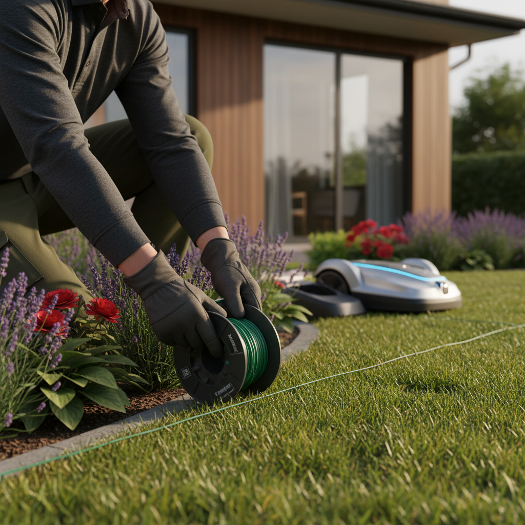 A user setting up the TerraMow X-Series 2026 boundary wire
