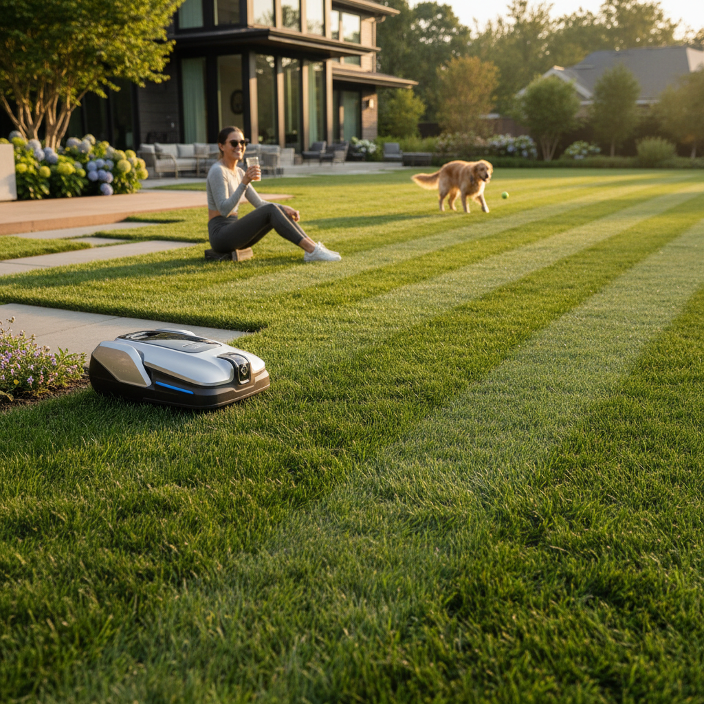A wide shot of a perfectly mowed lawn, showcasing the results of the TerraMow X-Series 2026