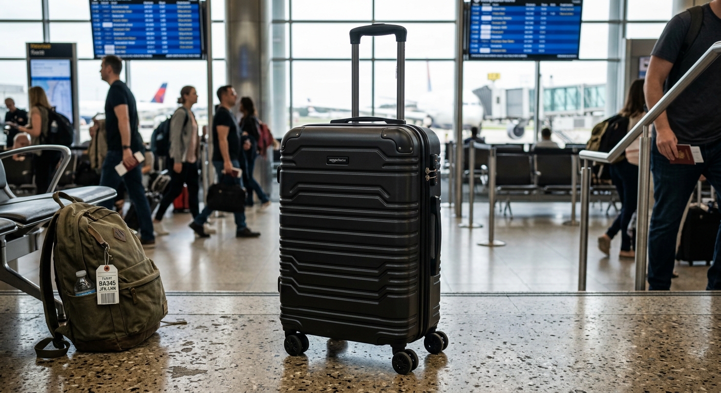 Amazon Basics Hardside Spinner suitcase on a budget travel backdrop