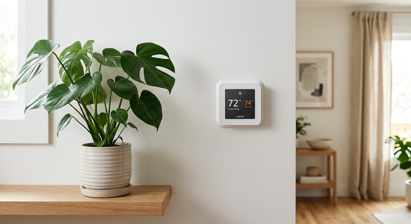 Amazon Smart Thermostat on a white wall next to a plant