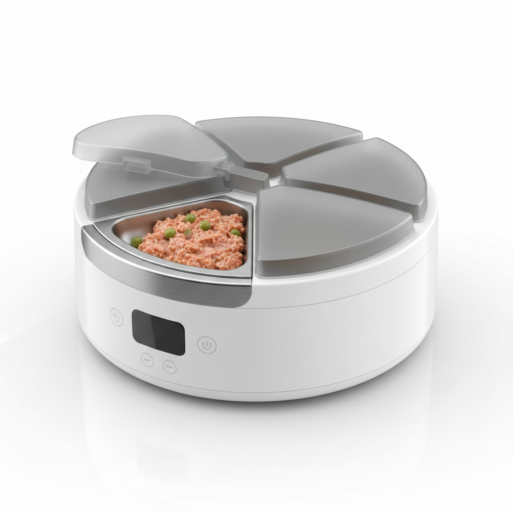 an automatic feeder with five compartments, one open with wet cat food