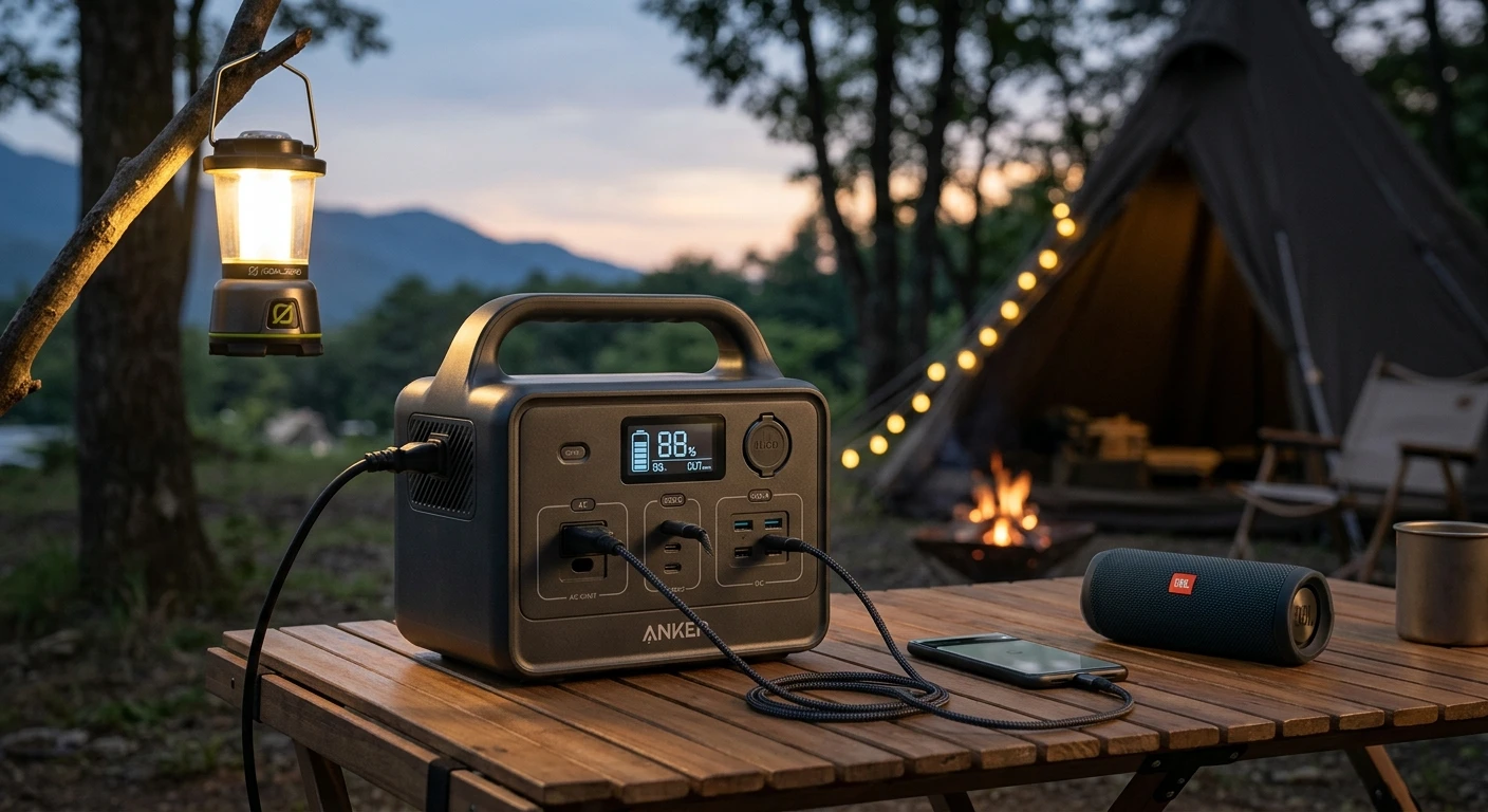Anker Powerhouse II 800 being used at a campsite during the evening