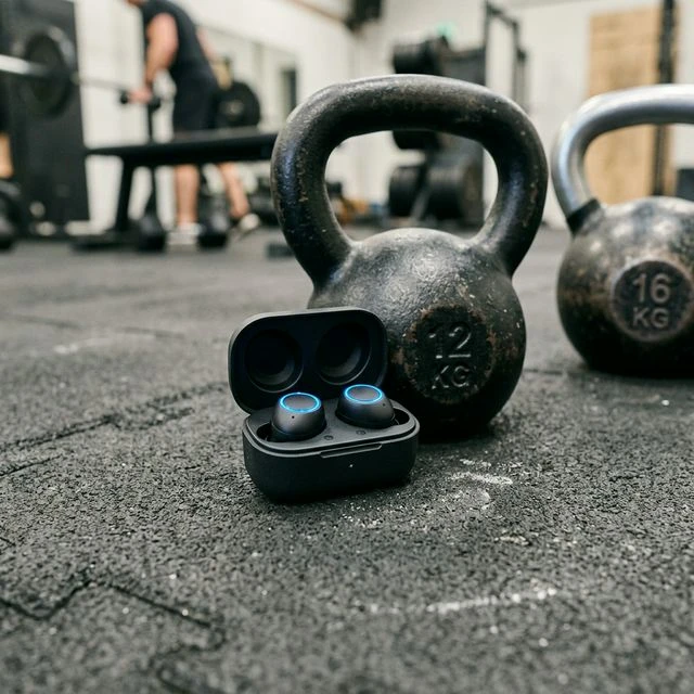 Anker Soundcore Liberty 4 earbuds with a compact charging case on a gym floor