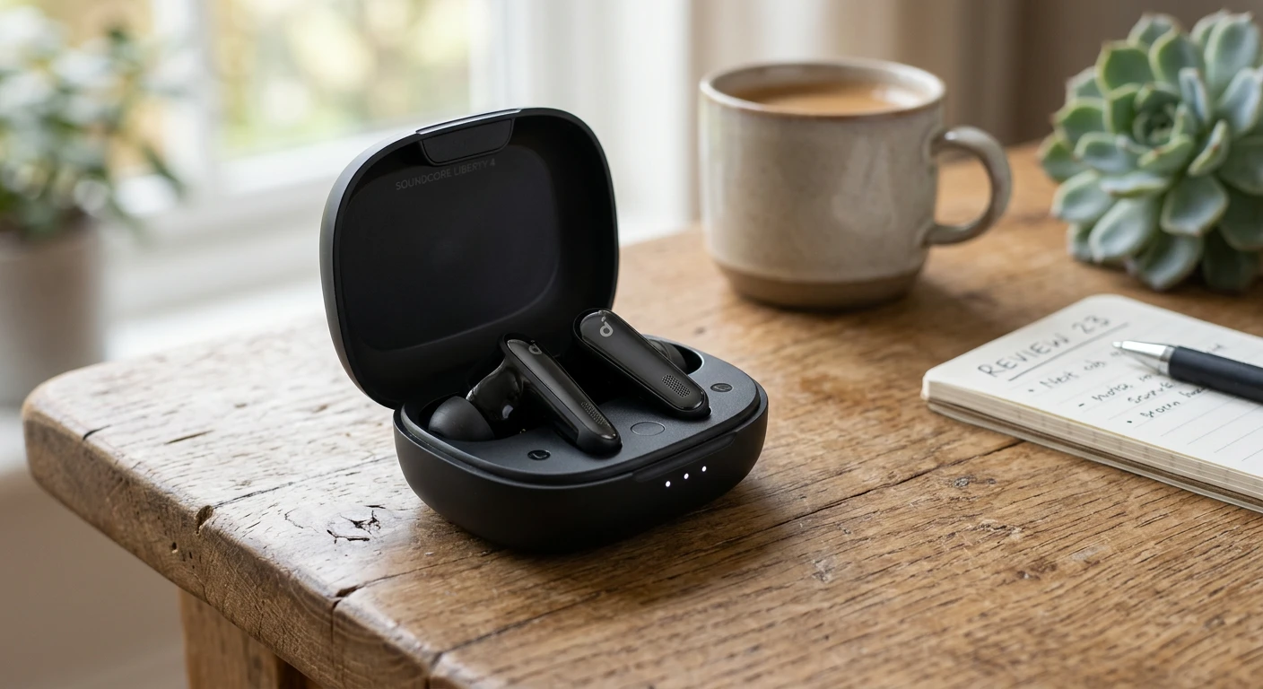 Anker Soundcore Liberty 4 earbuds with charging case on a rustic table