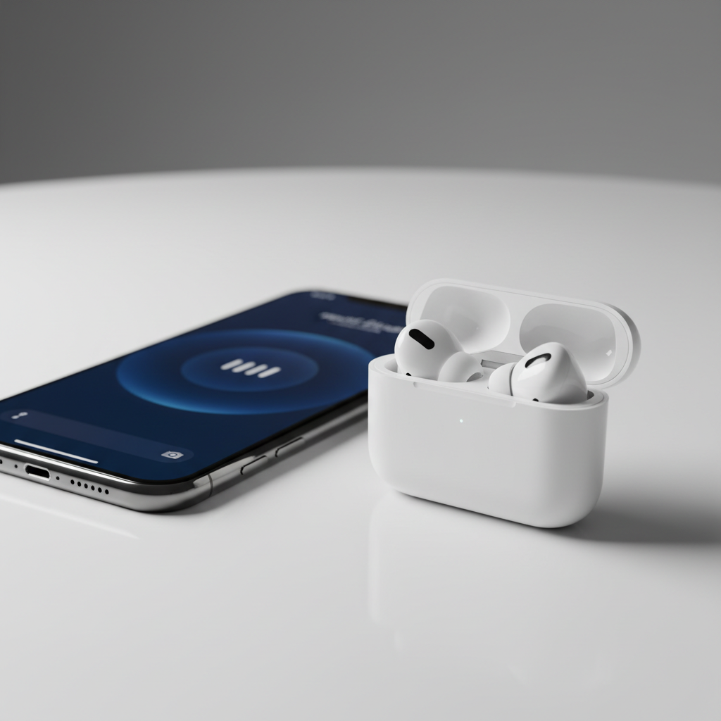 Apple AirPods Pro 3 in their open charging case next to an iPhone on a modern tabletop