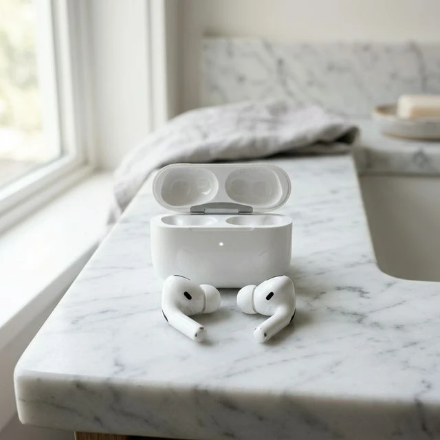 Apple AirPods Pro 3 with a sleek white finish on a marble countertop
