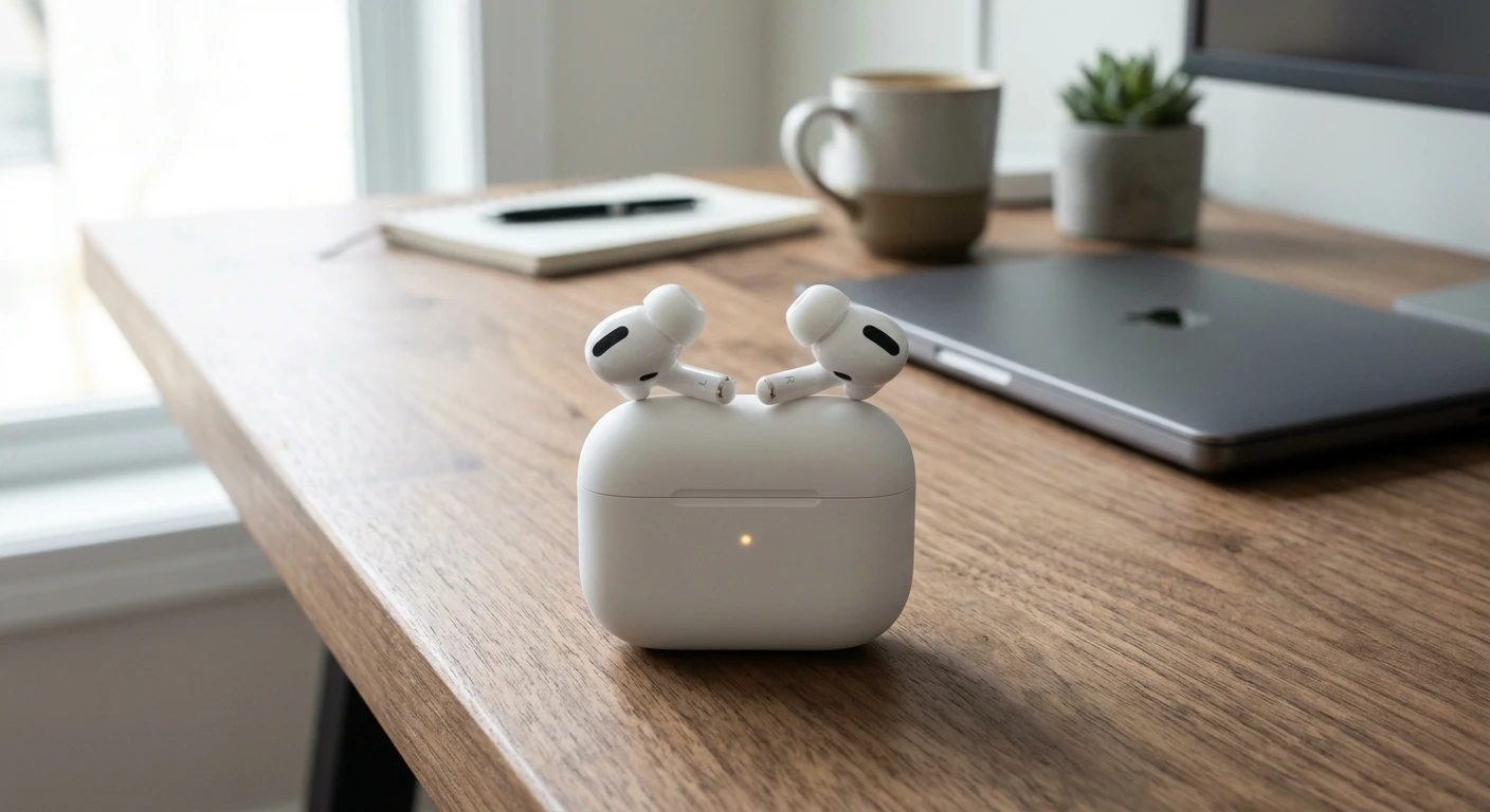 Apple AirPods Pro with charging case placed on a sleek desk