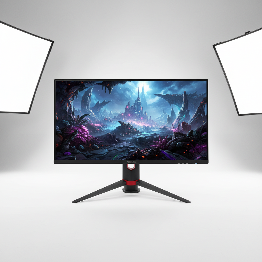 ASUS ROG Swift PG32UQX-R monitor displaying a high-resolution game scene