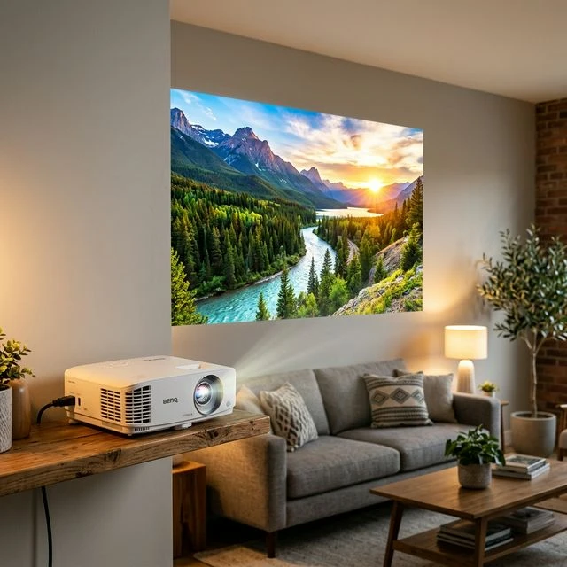 BenQ HT3550 projector displaying a vivid movie scene